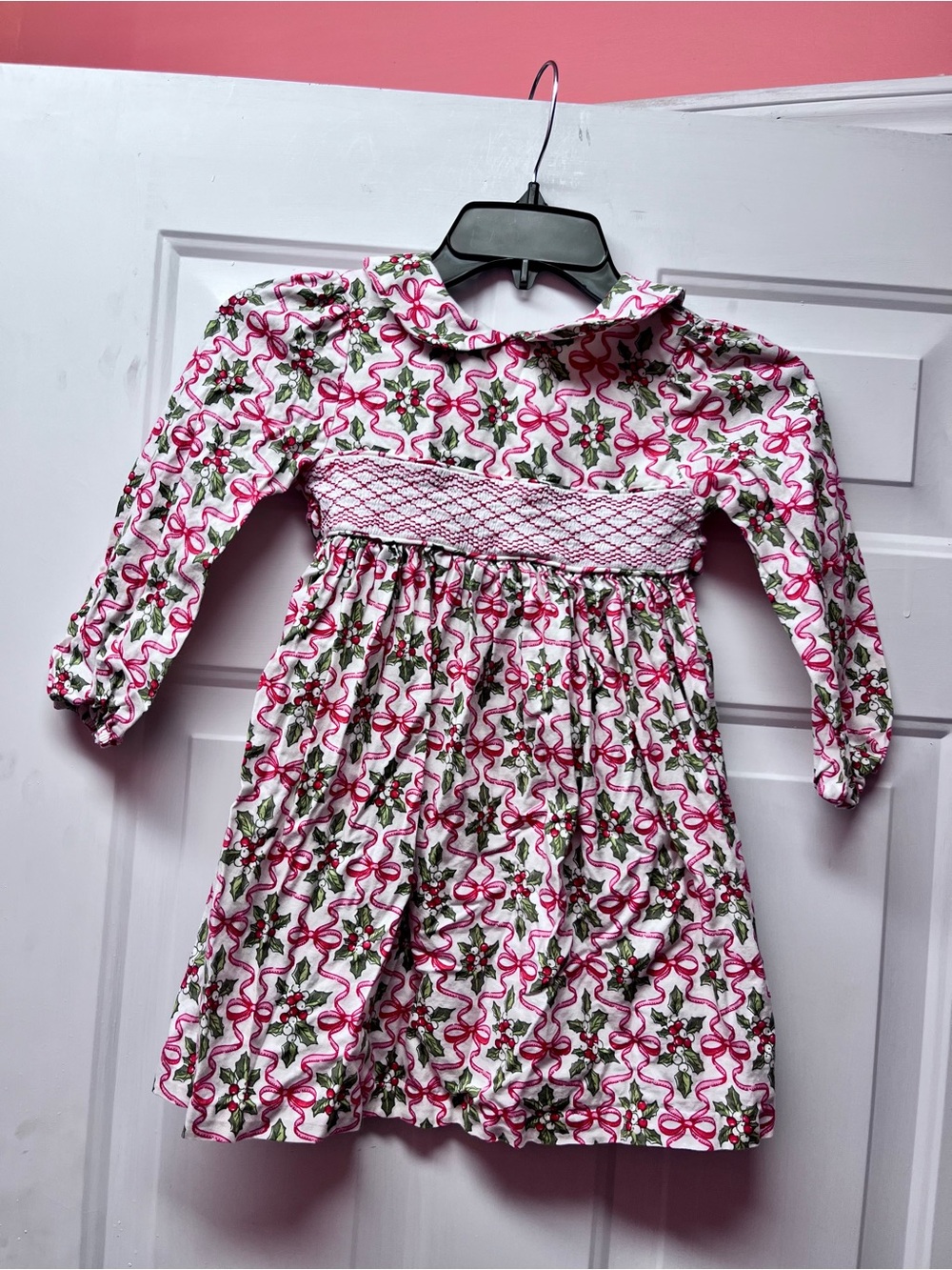 Girls' Christmas Floral Smocked Long-Sleeve Dress